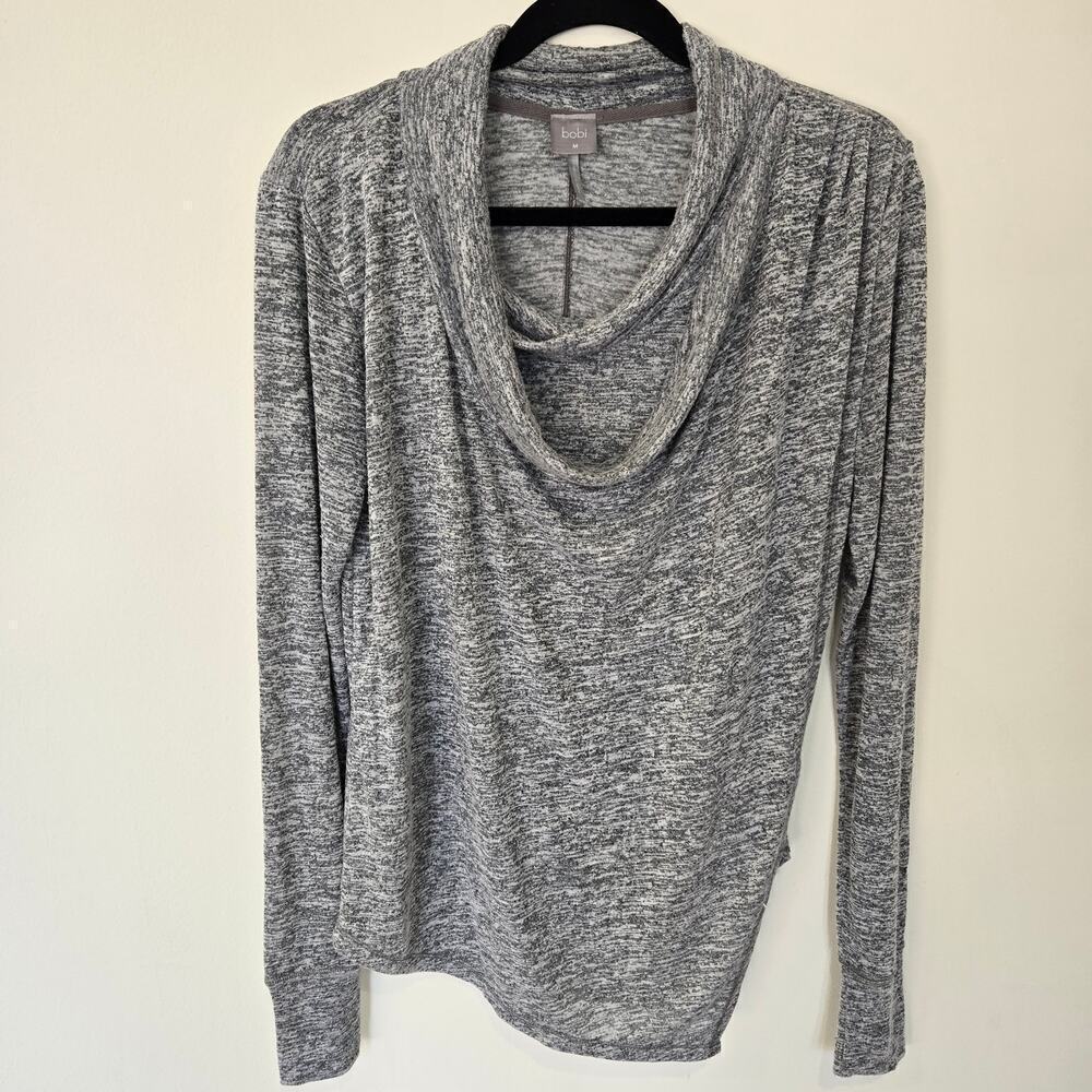 Bobi Long Sleeve Drape Neck Pullover Top  Shirred Shoulder Size M Casual Chic